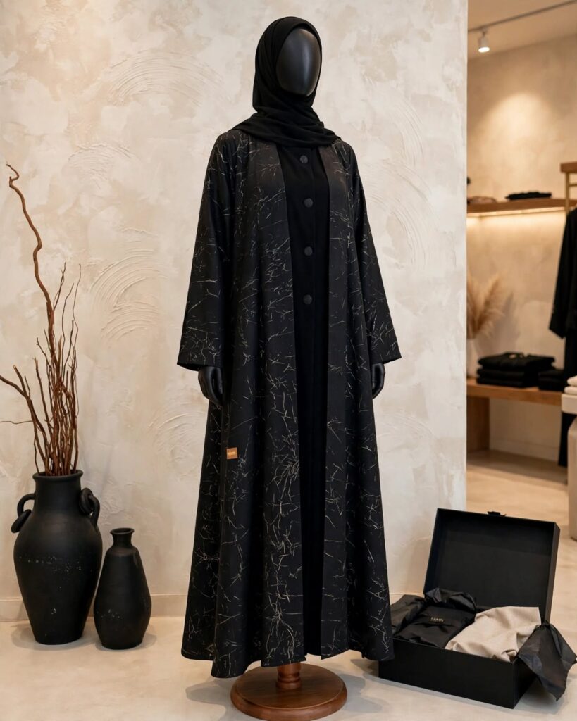 Midnight Marble Abstract Print Abaya Set with Matching Inner & Hijab - Photo 4