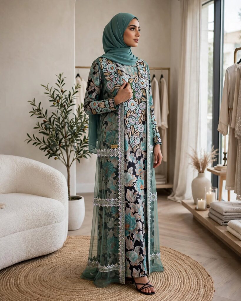 Enchanting Teal Floral Embroidered Overlay Kurta Set - Photo 1