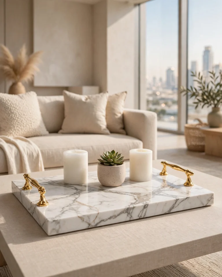 AuraTray White Marble Decorative Tray with Gold Handles - Luxury Tray
